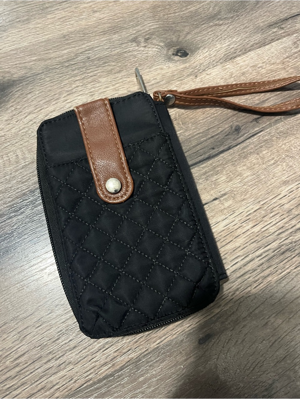 Quilted Black Wristlet Phone Wallet with Brown Strap